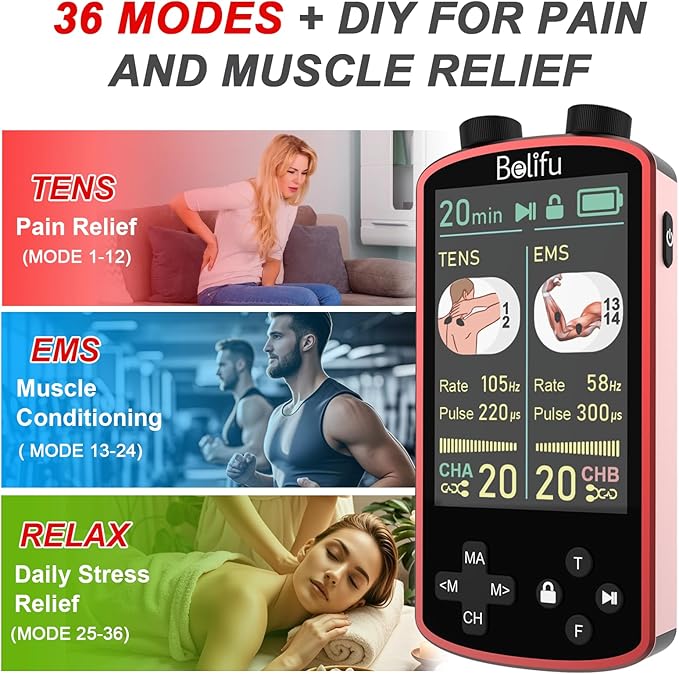 TENS EMS Unit Muscle Stimulator for Pain Relief Therapy - 4 in 1 TENS & EMS & Relax & Custom Frequency + Pulse - Muscle Massager 36 Modes 20 Intensity, Memory & Favorites Function with 600mAh Battery