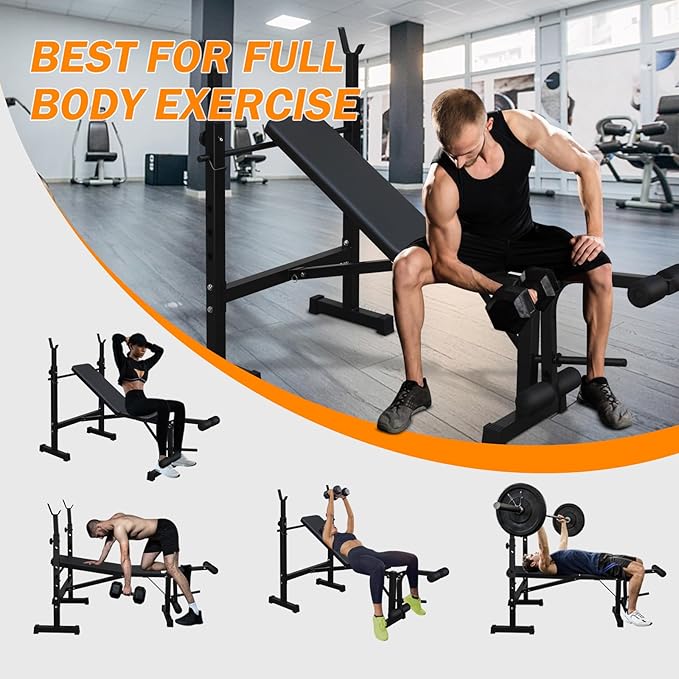 Olympic Weight Bench, Adjustable Weight Bench, Folding Bench Press Set with Squat Rack and Bench for Home Gym Full-Body Workout
