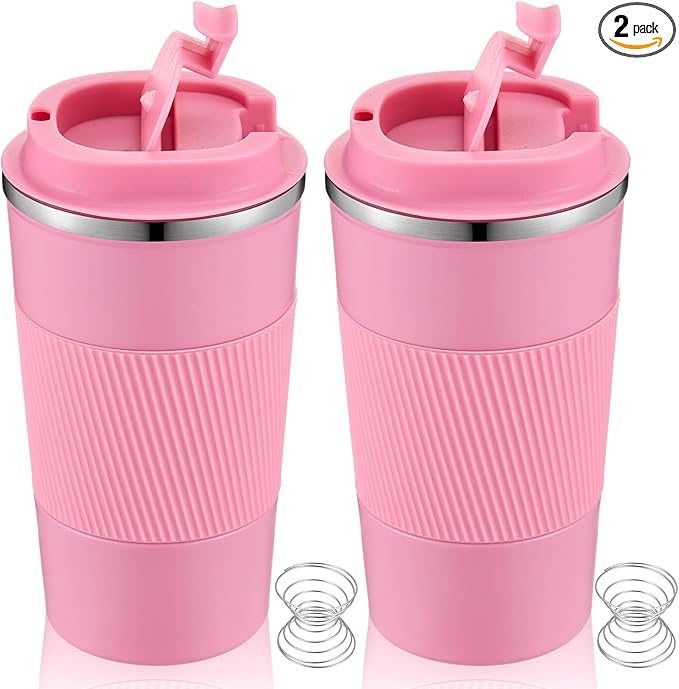 Maxdot 2 Pcs Stainless Steel Shaker Cup with Mixing Ball 17 oz Insulated Metal Blender Tumbler Water Bottle for Protein Mixes Gym Workout Coffee Drink (Pink)