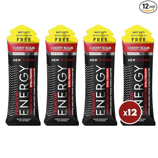 NewTrition® Extra Strength Energy Shots, 250mg Caffeine Energy Shots with Vitamin B & Amino Acids, Sugar-Free Vitamin Energy Shot, 1.7 fl oz (Pack of 12, Cherry Bomb)