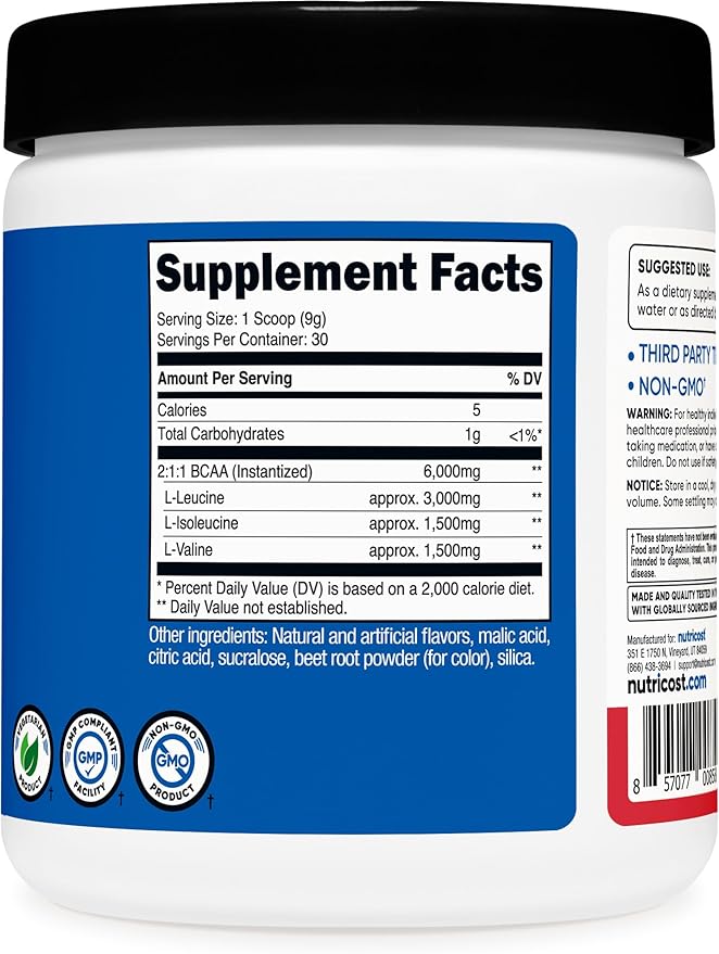 Nutricost BCAA Powder (Strawberry Kiwi, 30 Servings) - Optimal 2:1:1 Ratio