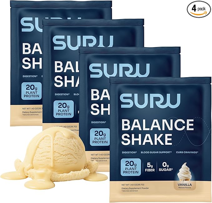Suru Balance Shake All-in-One with 20g Protein, 140 Cal, 6g Fiber, Low Glycemic + Essential Vitamins, Vanilla, 4 Servings