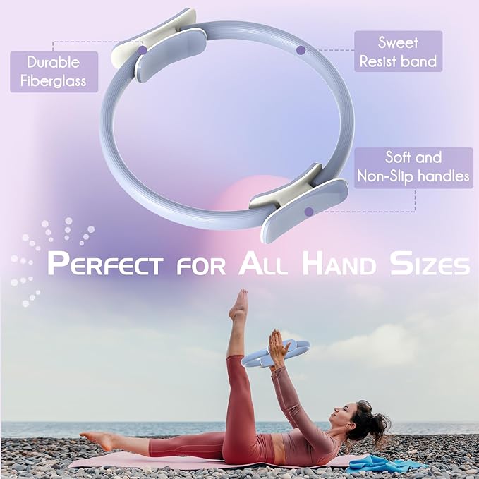 Pilates Ring Set: 14-Inch Magic Circle with Dual Padded Handles, Pilates Mini Ball, and Resistance Bands (15, 25, 35 lbs) for Strength, Flexibility, Stability, and Body Toning