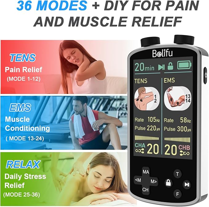 TENS EMS Unit Muscle Stimulator for Pain Relief Therapy - 4 in 1 TENS & EMS & Relax & Custom Frequency + Pulse - Muscle Massager 36 Modes 20 Intensity, Memory & Favorites Function with 600mAh Battery