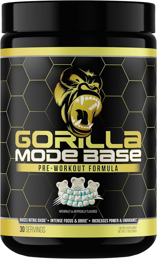 Gorilla Mind Base Pre Workout - Raises Nitric Oxide Intense Focus & Drive Endurance Power - L-Citrulline, L-Tyrosine, Betaine, Alpha-GPC, Caffeine, Huperzine A - 360 Grams (White Gummy Bear)