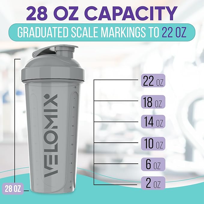 VELOMIX -4 Pack- 28 oz Protein Shaker Bottles for Protein Mixes - 4x Wire Whisk | Leak Proof Shaker Cups for Protein Shakes | Protein Shaker Bottle Pack (Silver Mix)