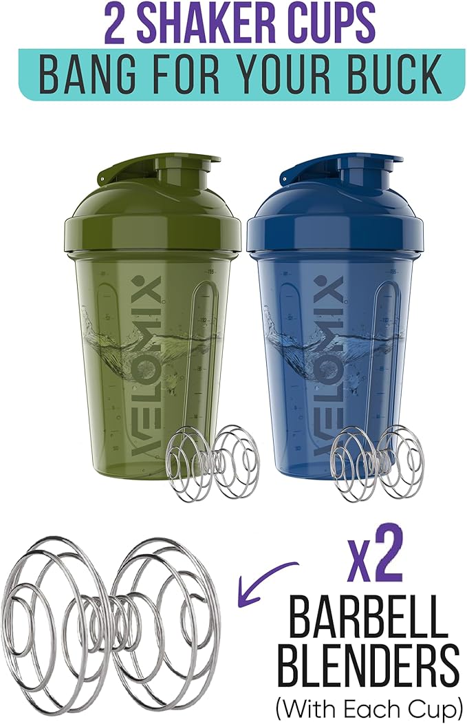 VELOMIX -2 Pack- 20 oz Protein Shaker Bottles for Protein Mixes - 2x Wire Whisk | Leak Proof Shaker Cups for Protein Shakes and Pre Workout | Protein Shaker Bottle Pack (Green/Blue)