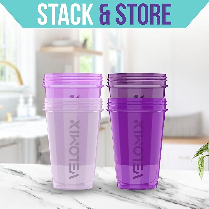 VELOMIX -4 PACK- 20 OZ Protein Shaker Bottles for Protein Mixes, Shaker Cups for Protein Shakes, Small Shaker Bottle Pack, Shaker Cup, Shakers for protein Shakes (Purple Bloom)