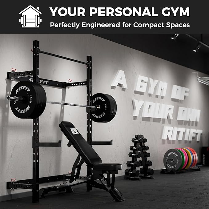 RitFit Multi-Functional Folding Squat Rack for Home Gym, 2.36'' x 2.36'' Wall Mounted Squat Rack with Attachments - Space Saving Squat Power Rack