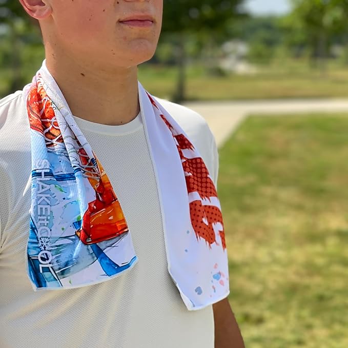 SHAKEitCOOL Original Cooling Towel โ Be Cool in Style - Heat Relief, Soft, Lightweight, Sun Protection, Easy Clean - Perfect for Biking, Running, Yoga, Gym, Gardening - Basketball