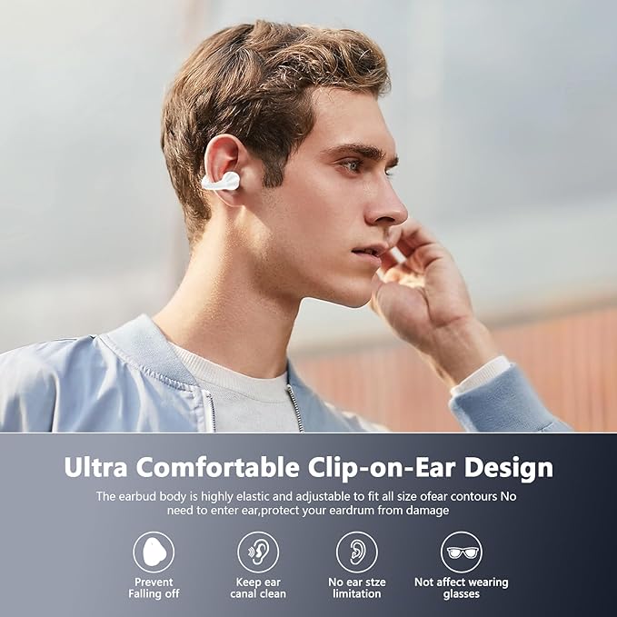 Open Ear Bone Conduction Headphones Bluetooth 5.3 Wireless Open Clip Ear Earbuds Built-in Mic with Ear Hooks 60 Hours Playtime Sport Earphones IPX7 Waterproof for Fitness Running Walking White 1