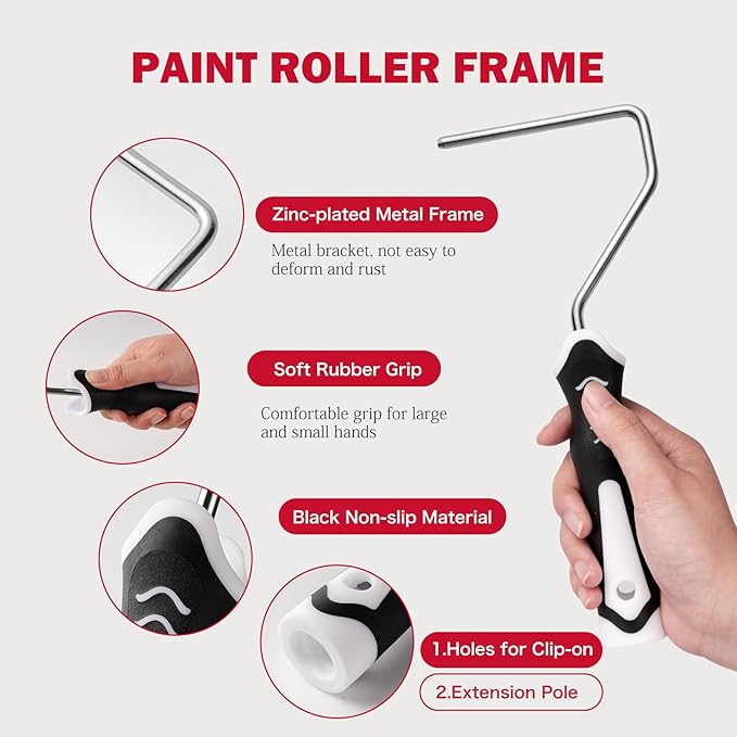 Mister Rui 11-Piece Foam Paint Roller Kit, 4-Inch Roller with Ergonomic Handle, Magnetic Paint Tray & Liners, High-Density Foam Covers with Brush, Painting Supplies for Walls, Cabinets, and Trim