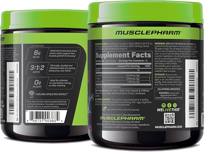 MusclePharm Essentials BCAA Powder, Pre & Post Workout Recovery Drink, Supports Muscle Recovery & Energy Production, Essential Amino Acids Supplement, 30 Servings, Blue Raspberry Flavor