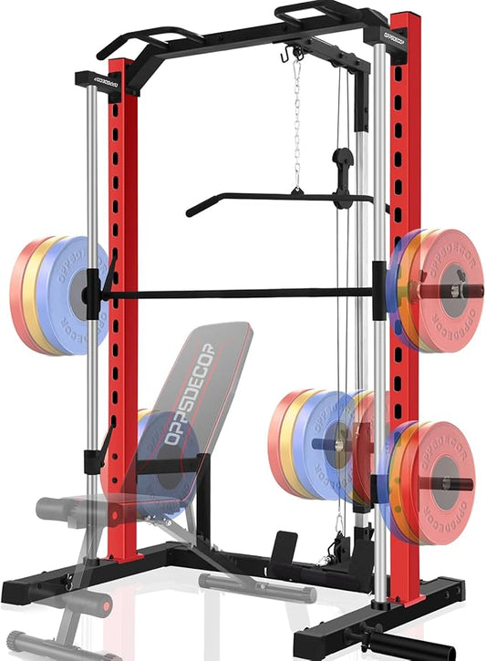 OPPSDECOR Power Cage Power Rack with LAT Pull Down Pulley System& Cable Row, Weight Cage with More Training Attachments, Multi-Functional Squat Rack for Home Gym System