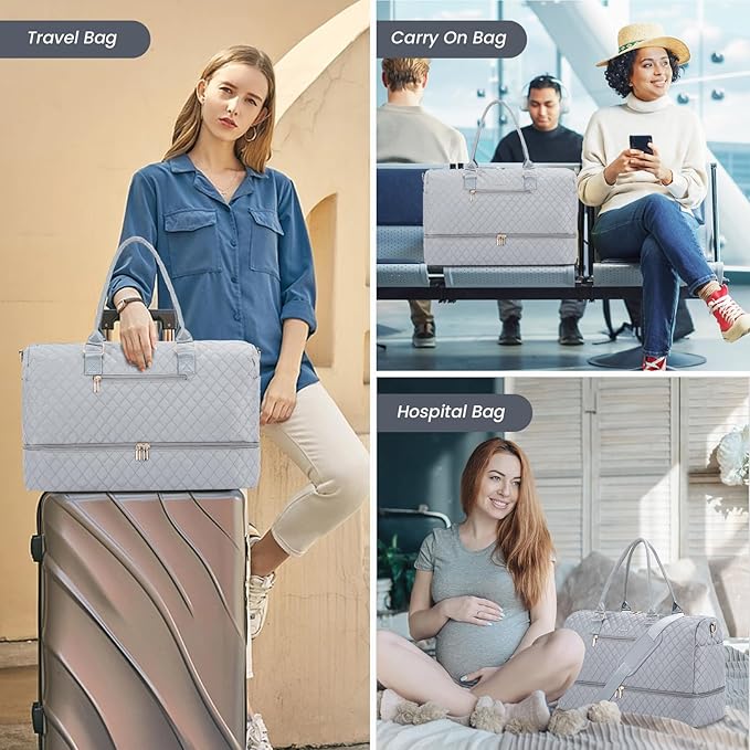 LOVEVOOK Travel Duffle Bag for Women, Weekender Overnight Bag with Shoe Compartment, Carry on Bag with Toiletry Bag, Gym Duffel Bag with Wet Pocket, Hospital Bags for Labor and Delivery 3 Pcs Set