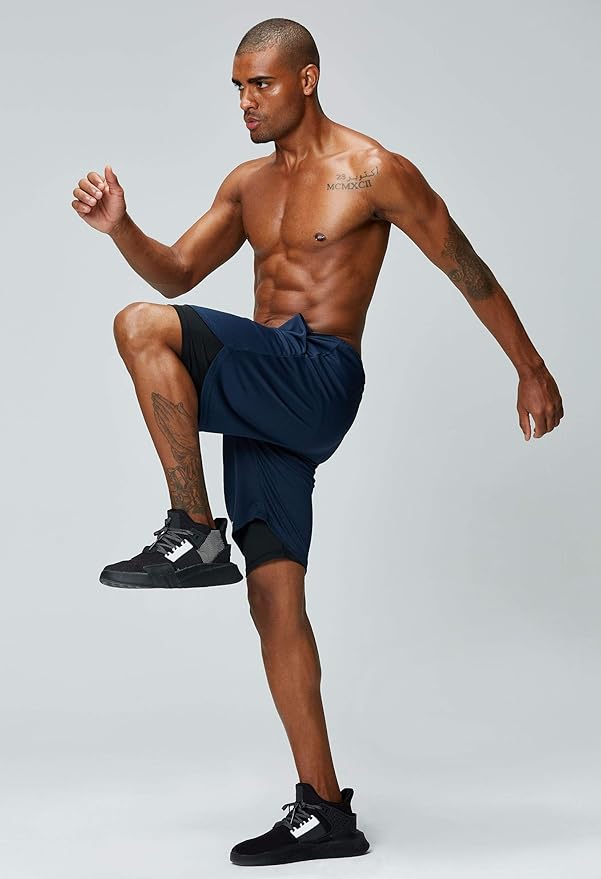 Pinkbomb Men's 2 in 1 Running Shorts Gym Workout Quick Dry Mens Shorts with Phone Pocket