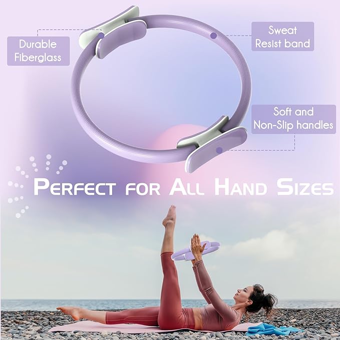 Pilates Ring Set: 14-Inch Magic Circle with Dual Padded Handles, Pilates Mini Ball, and Resistance Bands (15, 25, 35 lbs) for Strength, Flexibility, Stability, and Body Toning