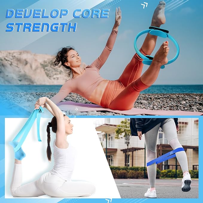 Poen 18 Pcs Pilates Ring Kit Home Pilates Ring Circle and Ball Set for Women Yoga Fitness Set with 5 Resistance Band Stretching Strap Non Slip Sock Ball Core Slider Wristband Headband Gym Bag