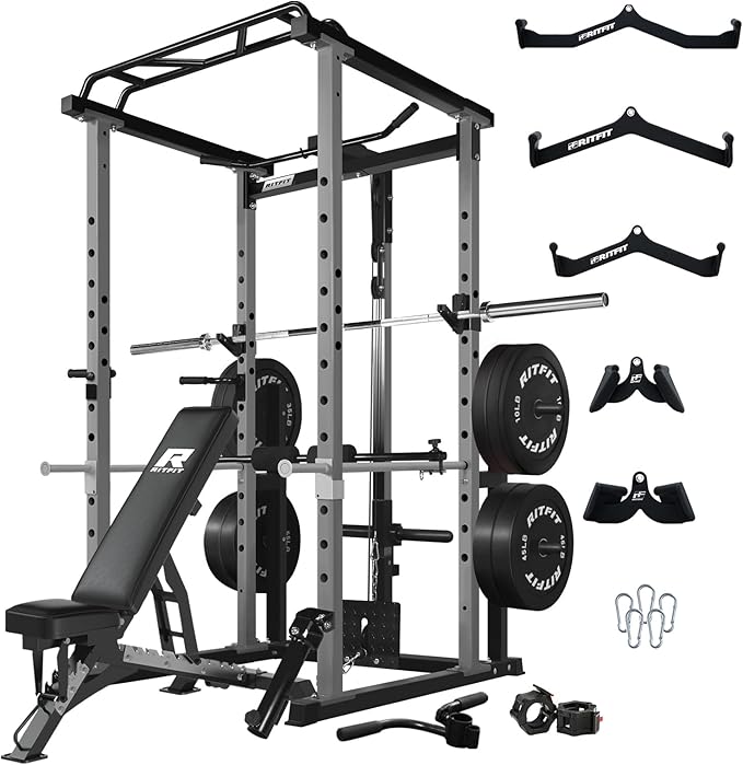 RitFit Power Cage with Optional LAT PullDown/Cable Crossover, 1000LB Squat Rack for Home & Garage Gym, with Weight Storage Rack and More Training Attachments, ASTM-Certified