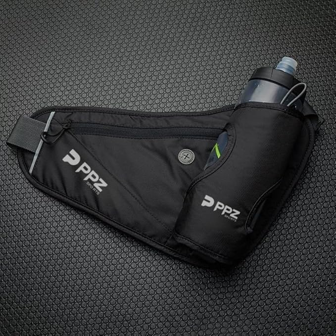 PPZ sports waist bag with bottle rack, waterproof, 2 pockets, adjustable belt - suitable for running, fitness, jogging and outdoor activities (black)