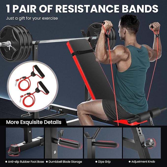 OPPSDECOR 6 in 1 Adjustable Weight Bench with Squat Rack and Removable Foot Bracket, 600lbs Bench Press Set Workout Bench with Weight Storage Sit up Incline Flat Decline Strength Training for Home Gym