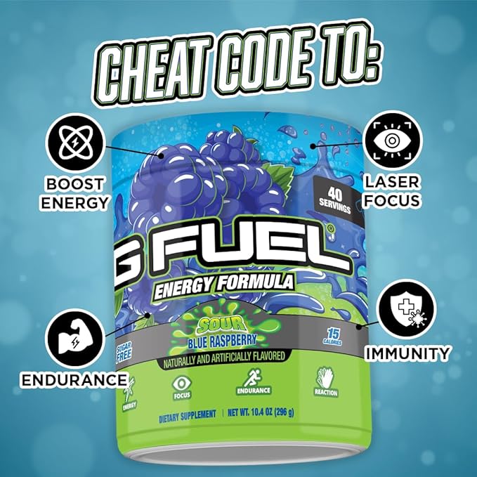 G Fuel Chug Rug Energy Drink Powder, Pre Workout Caffeine Mix for Gaming, Sugar Free Focus Amino, Vitamin + Antioxidants, 10.44oz (Sour Blue Raspberry, 40 Servings)