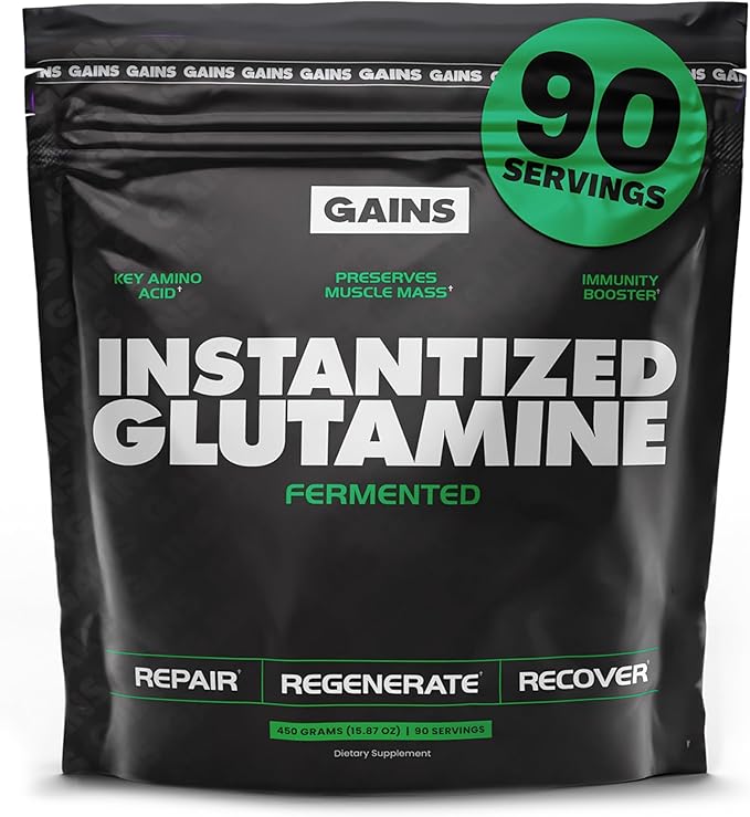 Gains in Bulk L-Glutamine, Gluten Free Glutamine Powder for Muscle Recovery and Growth, Post Workout Support, Amino Acid Supplement, Promotes Protein Synthesis, Non GMO, Unflavored, 90 Servings
