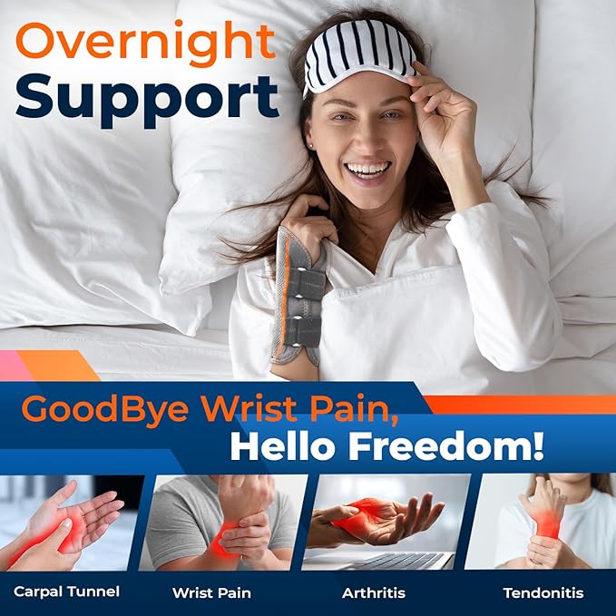 DR. BRACE Adjustable Wrist Brace Night Support for Carpal Tunnel, Doctor Developed, Upgraded with Double Splint & Therapeutic Cushion,Hand Brace for Pain Relief,Injuries,Sprains (L/XL Right Hand, Grey-Orange)