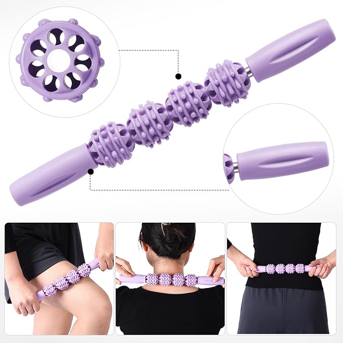 6Pcs Foam Roller Set Includes Peanut Massage Ball, Back Roller, Massage Roller Stick, 2Foot Stretching Strap, and Fasciitis Ball for Exercise Physical Body Therapy Yoga Massager (Purple)
