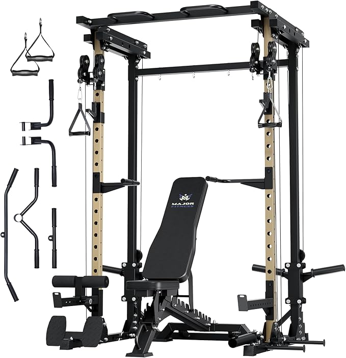MAJOR FITNESS Drone3 Power Rack, Multi-Function Home Gym Squat Rack with Pull-Up Bar, Cable Crossover & J-Hooks, Heavy-Duty Steel Frame for Maximum Stability & Strength Training