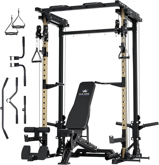 MAJOR FITNESS Drone3 Power Rack, Multi-Function Home Gym Squat Rack with Pull-Up Bar, Cable Crossover & J-Hooks, Heavy-Duty Steel Frame for Maximum Stability & Strength Training