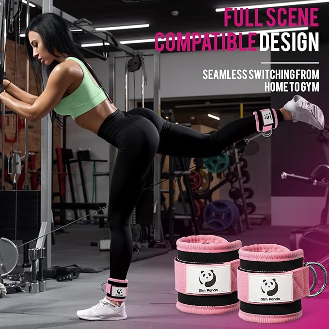 Slim Panda Ankle Strap for Cable Machine,Ankle Cuff for Kickbacks, Booty Hip Abductors,Glute Workouts, Leg Extensions, Curls for Men and Women, Adjustable with Double D-Rings