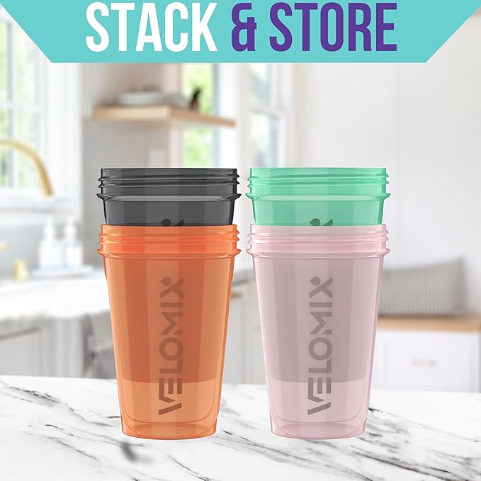VELOMIX -4 PACK- 20 OZ Protein Shaker Bottles for Protein Mixes, Shaker Cups for Protein Shakes, Small Shaker Bottle Pack, Shaker Cup, Shakers for protein Shakes (Mint Drift)