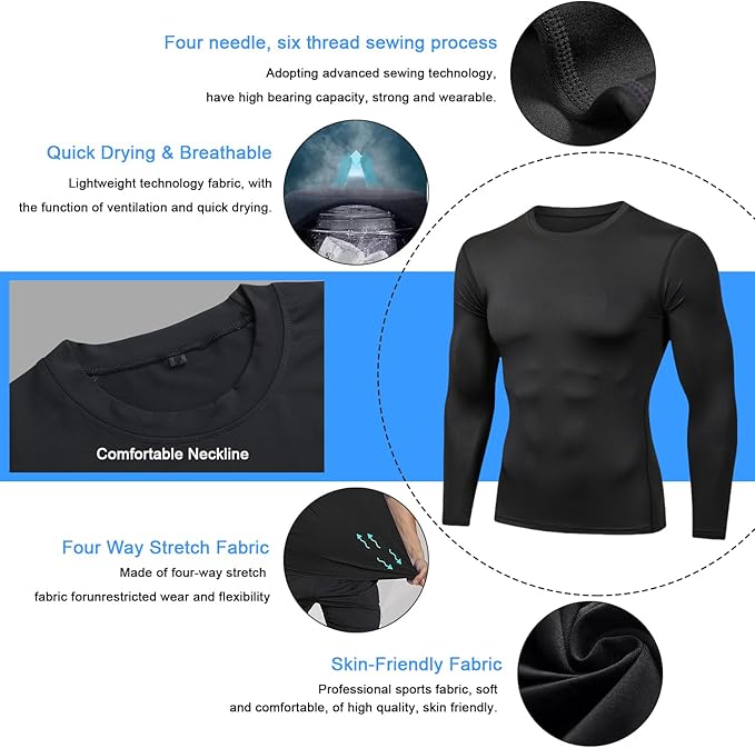 Men's Compression Shirt Long Sleeve Athletic Sports Shirt Quick-Drying Breathable Running Shirt for Fitness