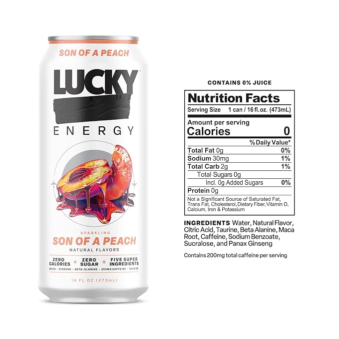 Lucky Energy Sugar Free Energy Drinks, Son of a Peach, 16oz Cans (12-Pack) Healthy, Zero Sugar Energy Drink with Maca, Ginseng, Beta-Alanine, Taurine & 200mg Caffeine