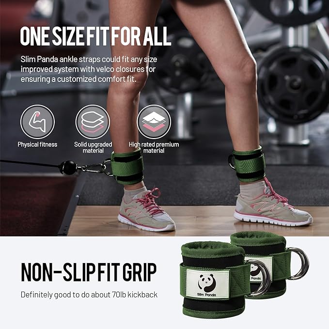 Slim Panda Ankle Strap for Cable Machine,Ankle Cuff for Kickbacks, Booty Hip Abductors,Glute Workouts, Leg Extensions, Curls for Men and Women, Adjustable with Double D-Rings