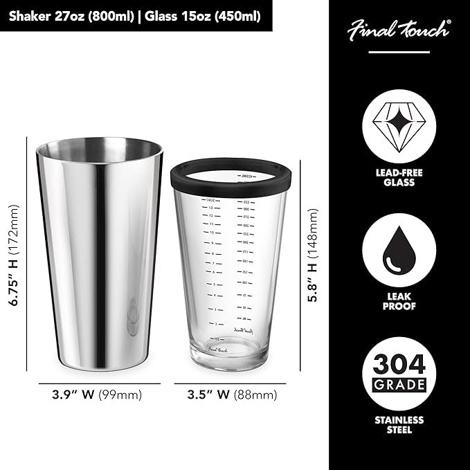 Final Touch Double-Wall Boston Shaker Set - Stainless Steel Mixing Glass with Silicone Seal - BPA-Free, Compact Storage - Leak-Proof Design - Cocktail Bartender Kit (FTA1852)