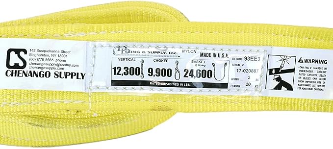 3 Ply Slings. Many Lengths in Listing! (USA Made), 3" x20' Nylon Lifting Web Sling. 12,300 lbs Vertical, 9,900 Choker, 24,600 Basket, High Capacity Eye & Eye (3" x20')