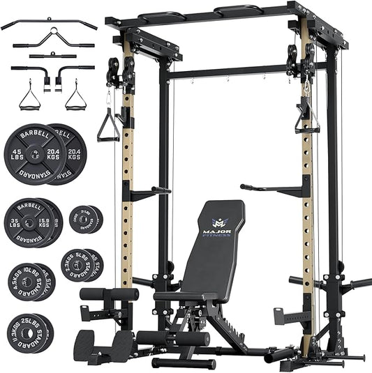 MAJOR FITNESS Drone3 Power Rack, Multi-Function Home Gym Squat Rack with Pull-Up Bar, Cable Crossover & J-Hooks, Heavy-Duty Steel Frame for Maximum Stability & Strength Training