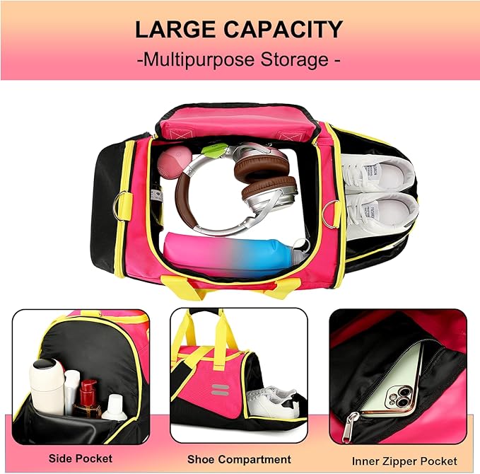 Urbanstand Gym Bag for Men & Women - 40L Duffel Bag with Shoe Compartment, Carry On Weekender Water Resistant Duffle Bag for Travel, Sports, Fitness & Workout, Pink Yellow
