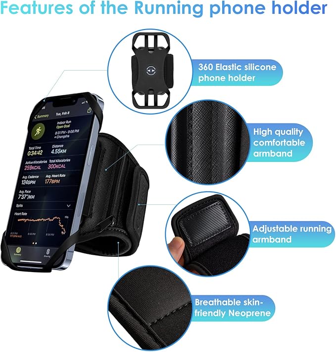 Cikyner Running Armband, 360° Rotatable & Detachable Phone Holder for Sports with Earphone/Cash Pocket, Fits 4.5-7" Smartphones for Gym, Jogging, Hiking