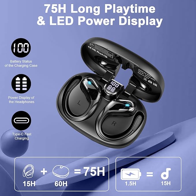 Wireless Earbud, 2025 New Bluetooth 5.4 Headphones 75Hrs Playtime, Bluetooth Earbuds Deep Bass Noise Cancelling Mic, Ear Bud with Sport Earhooks, IP7 Waterproof Wireless Earphones for Workout/Running