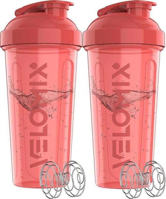 VELOMIX -2 Pack- 28 oz Protein Shaker Bottles for Protein Mixes - 2x Wire Whisk | Leak Proof Shaker Cups for Protein Shakes | Protein Shaker Bottle Pack (Pink Set)