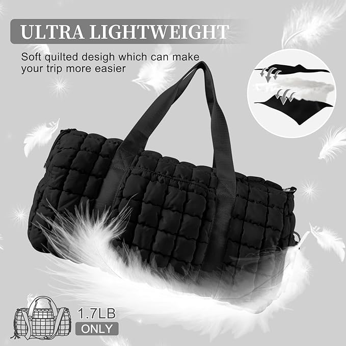 Quilted Travel Duffle Bag Gym Bag for Women,Large Puffer Duffle Weekender Bag with Compartment,Workout Overnight Carry on Organizer Bag Duffle Bag for Airplane Travel(L-Black)