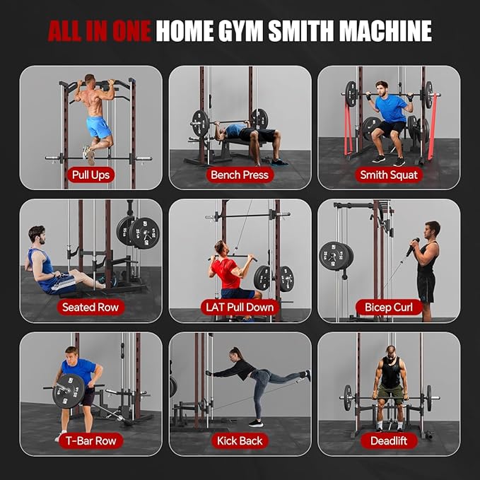 FAGUS Smith Machine Home Gym Power Cage with Pulley System, Space Saving Design Squat Rack with Full Body Strength Training Attachments, PEC Station & Fixed Cable Crossover Optional
