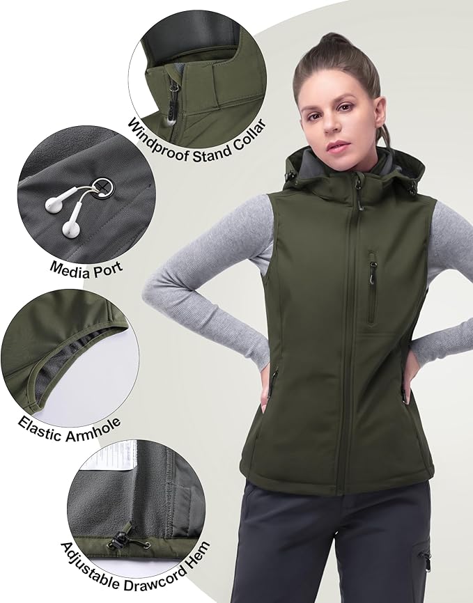 33,000ft Women's Hooded Lightweight Softshell Vest Fleece Lined Windproof Zip Up Sleeveless Jacket for Hiking Golf Running