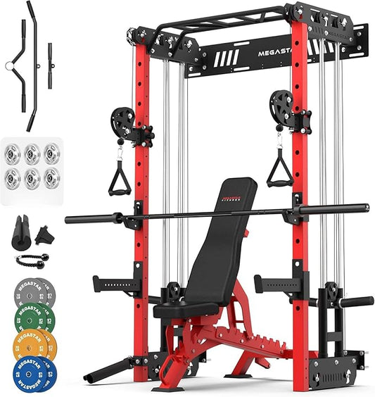 Wall Mounted Power Rack – 1600LB Capacity Compact Commercial Home Gym with Dual Cable Crossover, LAT Pulldown, Multi-Grip Pull-Up Bar & Landmine Attachment for Small Spaces, P67 Striker Red