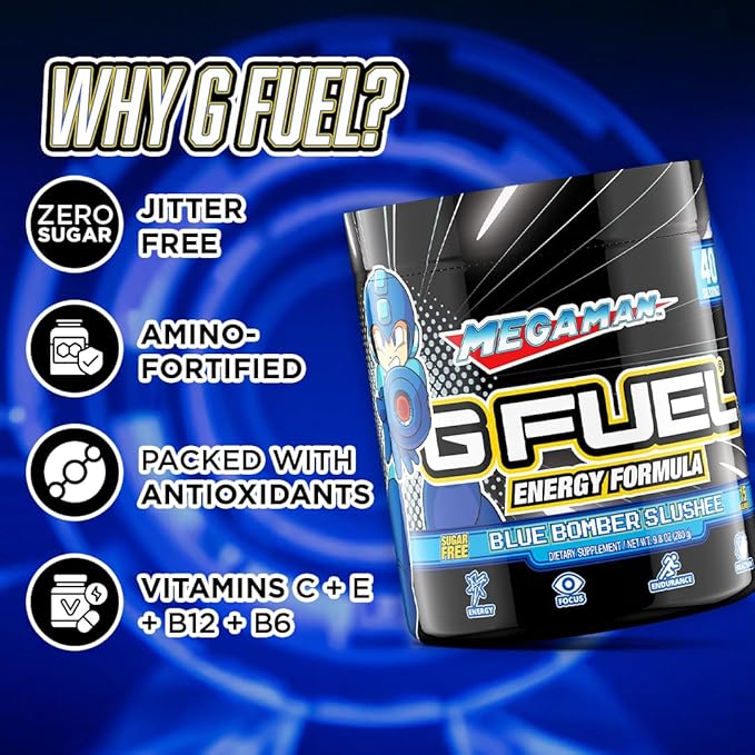 G Fuel Megaman Energy Drink Powder, Pre Workout Caffeine Mix for Gaming, Sugar Free Focus Amino, Vitamin + Antioxidants, 9.9oz (Blue Slushee, 40 Servings)