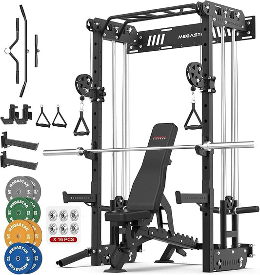 Wall Mounted Power Rack – 1600LB Capacity Compact Commercial Home Gym with Dual Cable Crossover, LAT Pulldown, Multi-Grip Pull-Up Bar & Landmine Attachment for Small Spaces, P67 Striker Red