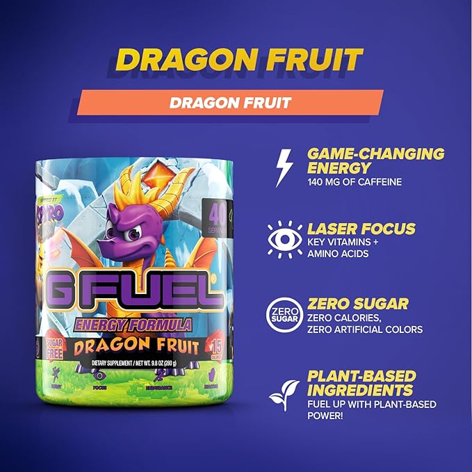 G Fuel Spyro The Dragon Energy Drink Powder, Pre Workout Caffeine Mix for Gaming, Sugar Free Focus Amino, Vitamin + Antioxidants, 9.8oz (Dragon Fruit, 40 Servings)